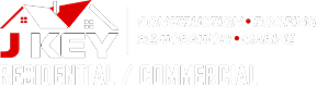 JKey Roofing, Construction and Marine logo with red, gray, and black geometric design elements
